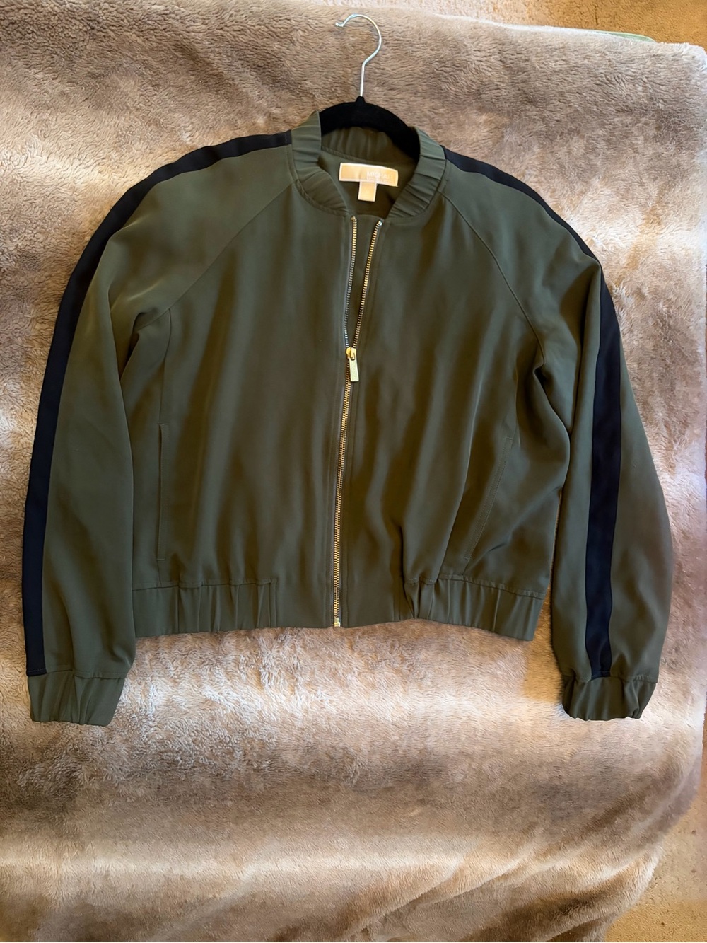 Michael Kors Olive Bomber Jacket with Black Sleeve Stripes